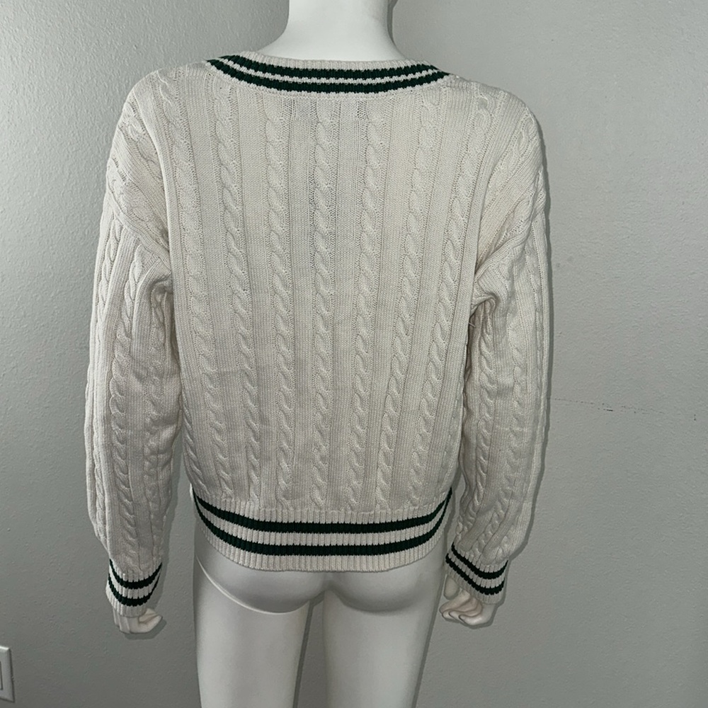 Prince Cream Cable Knit V-Neck Sweater with Green Trim - Picture 4 of 7